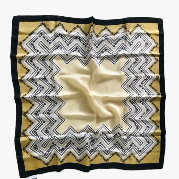 POLLINI 100% Silk Black Yellow Zigzag Logo Scarf - Picture 1 of 8